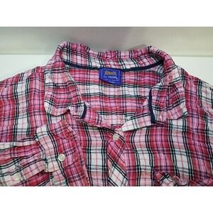 Le Tigre Womens Large Plaid Flannel Long Sleeve Button Up Shirt Pink Distressed